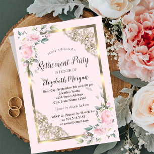 Invitation Fleurs roses chic cadre doré retraite