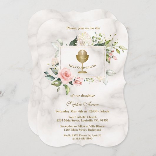 Invitation Fleurs roses Chic Frame Fille Marbre Sainte Commun (Devant / Derrière)
