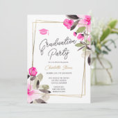 Invitation Fleurs roses chic vert or script remise de diplôme (Debout devant)