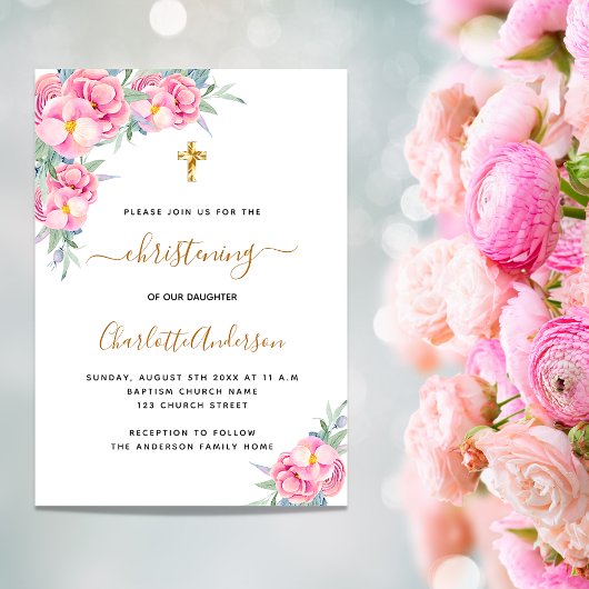 Invitation Fleurs roses Christening fille or rose