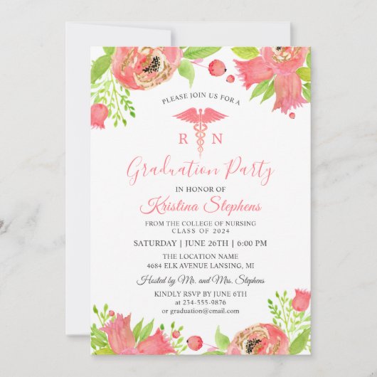 Invitation Fleurs roses coraux Soins infirmiers (Devant)