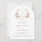 Invitation Fleurs roses Crest Monogrammes Mariage catholique (Devant)