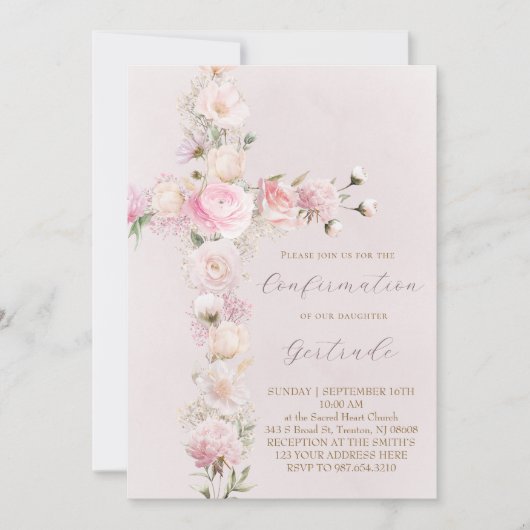 Invitation fleurs roses croix Confirmation (Devant)