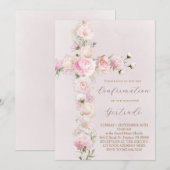 Invitation fleurs roses croix Confirmation (Devant / Derrière)