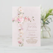 Invitation fleurs roses croix Première communion (Debout devant)
