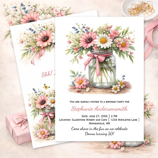 Invitation Fleurs roses dans un pot Mason pour un anniversair