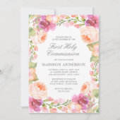 Invitation Fleurs roses d'aquarelle Première communion sainte (Devant)