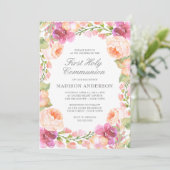 Invitation Fleurs roses d'aquarelle Première communion sainte (Debout devant)
