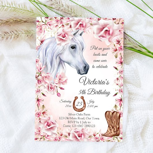 Invitation Fleurs roses de cheval blanc cofille anniversaire