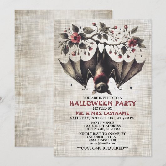 Invitation Fleurs roses de fête d'Halloween chauve Feuilles v (Devant / Derrière)