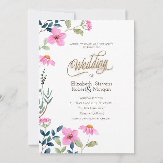Invitation Fleurs Roses de Jardin Mariage (Devant)