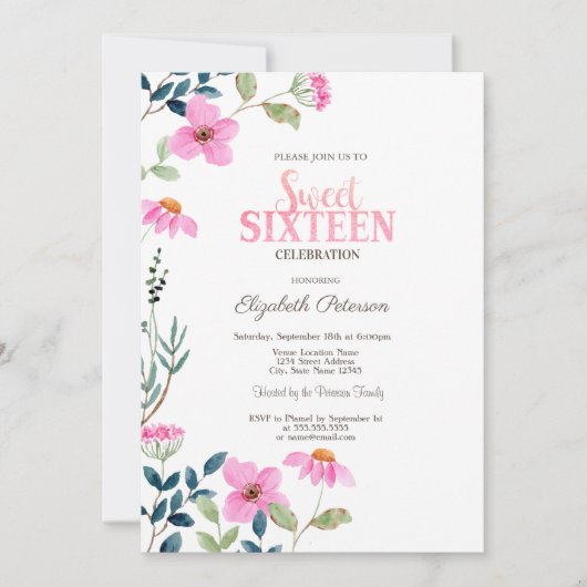 Invitation Fleurs roses de jardin Sweet 16 (Devant)