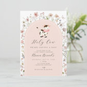 Invitation Fleurs roses de la vache Sainte Baby shower fille (Debout devant)