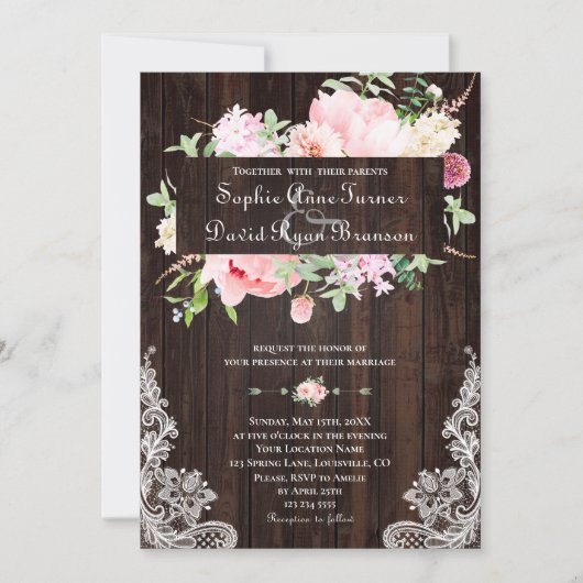 Invitation Fleurs roses de printemps rustiques Mariage dentel (Devant)