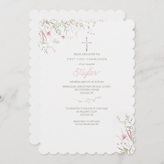 Invitation Fleurs roses délicates (Devant / Derrière)