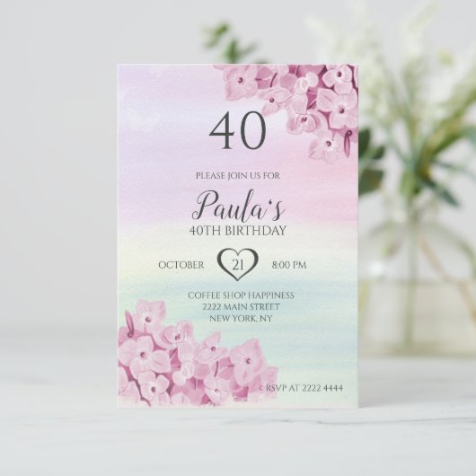 Invitation Fleurs roses délicates Anniversaire (Debout devant)