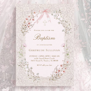Invitation fleurs roses délicates cadre en dentelle Baptême