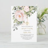 Invitation Fleurs roses délicates Croix d'or Baptême de fille (Debout devant)