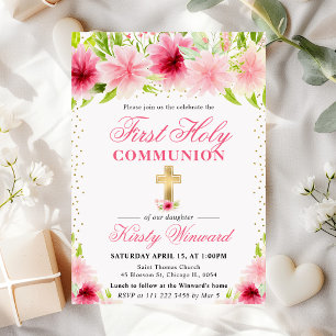 Invitation Fleurs roses d'été Première communion solennelle