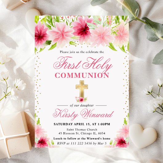 Invitation Fleurs roses d'été Première communion solennelle