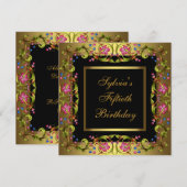 Invitation Fleurs roses d'or Femmes 50ème anniversaire (Devant / Derrière)