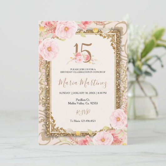 Invitation Fleurs roses d'or Rose 15e anniversaire (Debout devant)