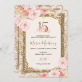 Invitation Fleurs roses d'or Rose 15e anniversaire (Devant / Derrière)