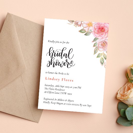 Invitation Fleurs roses dorées et verdure pour la douche de l