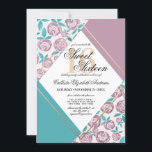 Invitation Fleurs roses dorées modernes Aquarelle Douce 16<br><div class="desc">Cette invitation à fêter un sweet sixteen moderne et élégant est parfaite pour un événement élégant et élégant. Il présente des feuilles et des roses de couleur rose pâle, mauve et vert turquoise peints à la main, avec des angles triangulaires violets, vert turquoise, rose vif et mauve, ainsi que des...</div>