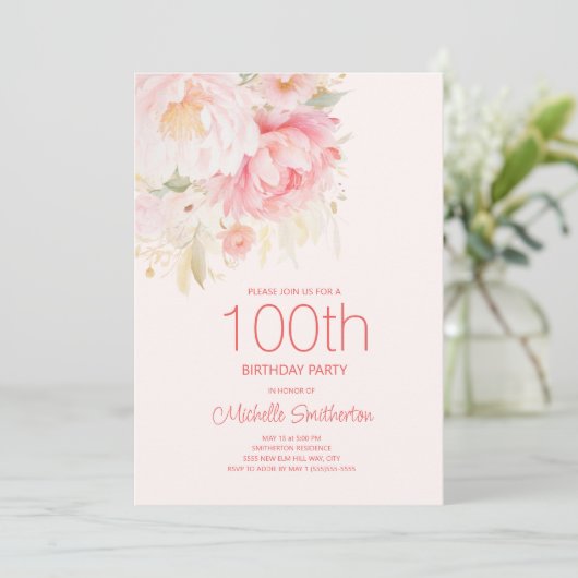 Invitation Fleurs roses douces 100e anniversaire (Debout devant)