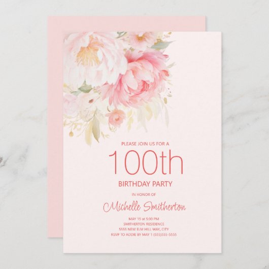 Invitation Fleurs roses douces 100e anniversaire (Devant / Derrière)