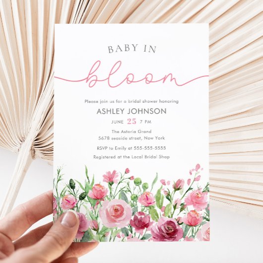 Invitation Fleurs roses douces Élégant Baby shower Boho Girl