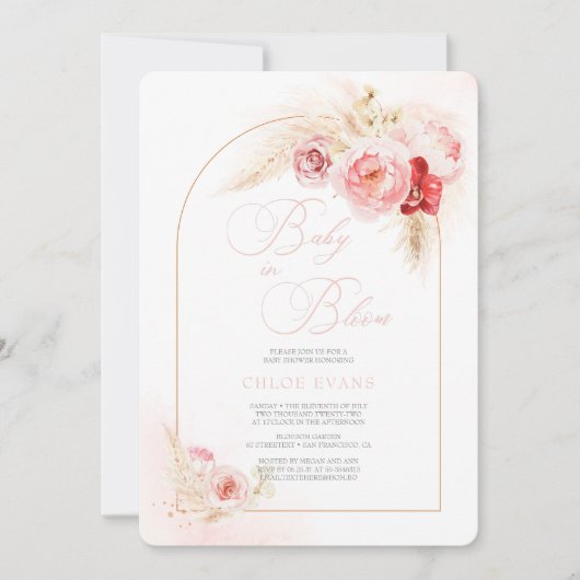 Invitation Fleurs roses douces Élégant Baby shower fille Boho (Devant)