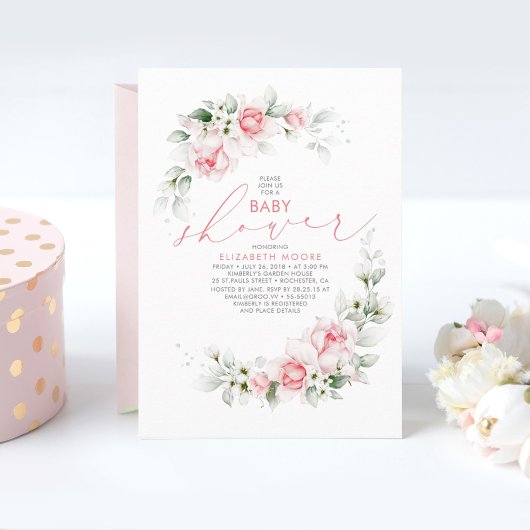 Invitation Fleurs roses douces et Baby shower vert