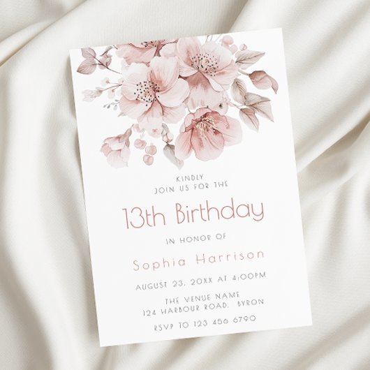 Invitation Fleurs roses douces Filles 13ème anniversaire