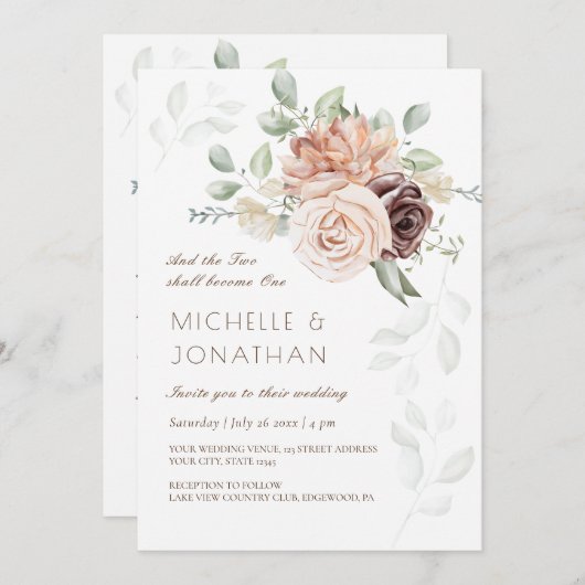 Invitation Fleurs roses douces vertes Mariage chrétien (Devant / Derrière)