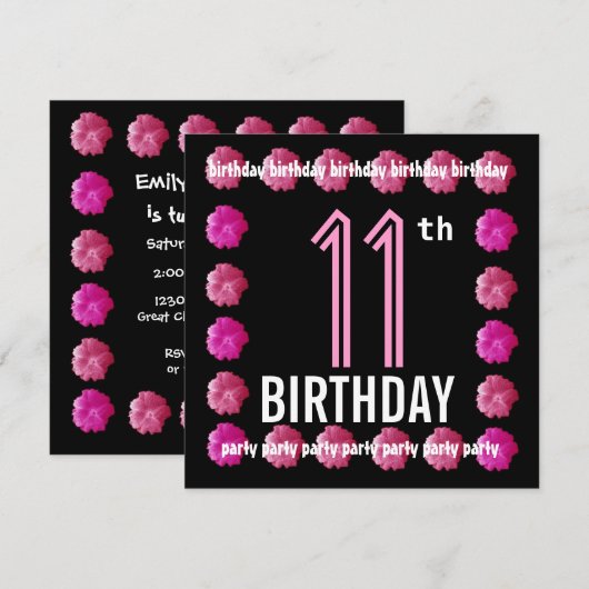 Invitation Fleurs roses du 11e anniversaire pour son W762 (Devant / Derrière)