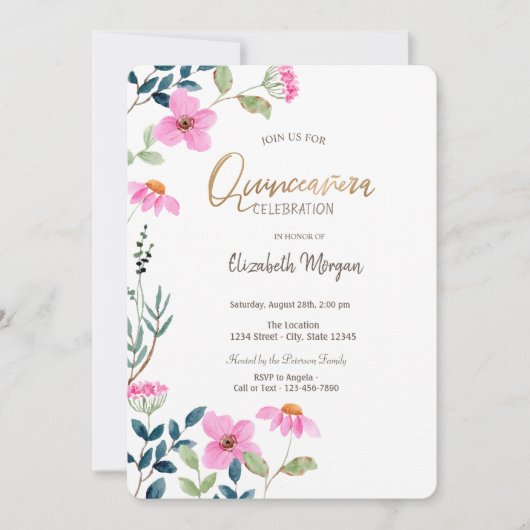 Invitation Fleurs roses du jardin Quinceañera (Devant)