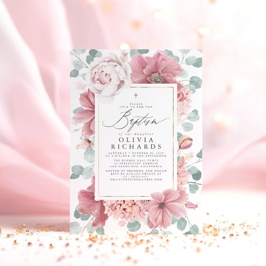 Invitation Fleurs Roses Dusty Élégantes Filles Baptême