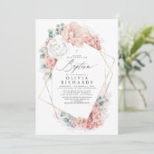 Invitation Fleurs Roses Dusty Élégantes Filles Baptême Invita (Debout devant)