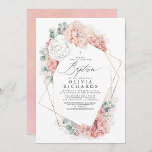 Invitation Fleurs Roses Dusty Élégantes Filles Baptême Invita