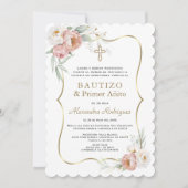 Invitation Fleurs Roses Dusty espagnol 1er anniversaire Baptê (Devant)