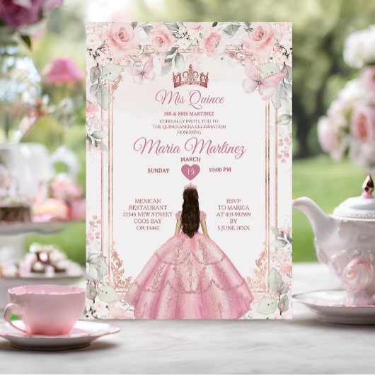 Invitation Fleurs roses Dusty et Rose Gold Crown Mis Quince