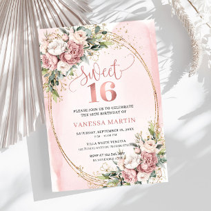 Invitation Fleurs roses éclatantes de blush Eucalyptus 16e an