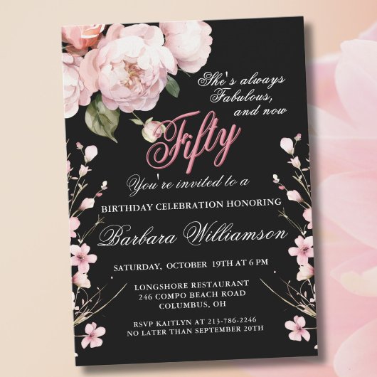 Invitation Fleurs roses élégantes 50 & Fab Anniversaire