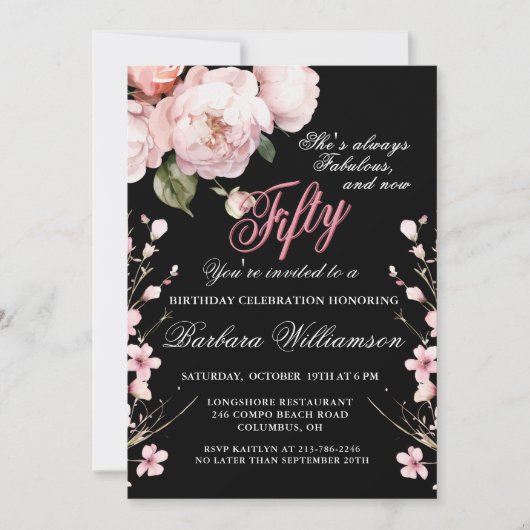 Invitation Fleurs roses élégantes 50 & Fab Anniversaire (Devant)