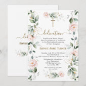 Invitation Fleurs Roses Élégantes Dédicace de Verdure Dorée (Devant / Derrière)