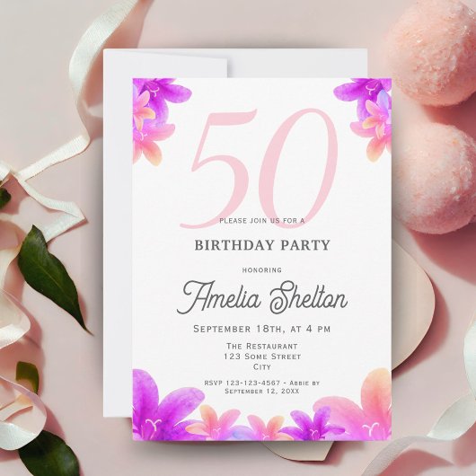 Invitation Fleurs roses élégantes Floral 50e Anniversaire