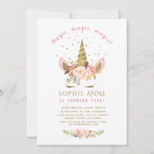 Invitation Fleurs Roses Élégantes Licorne Anniversaire Paille