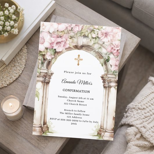 Invitation Fleurs roses en arche fille Confirmation